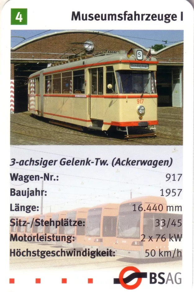 Playing card: Bremen articulated tram 917 in front of Sebaldsbrück (2006)