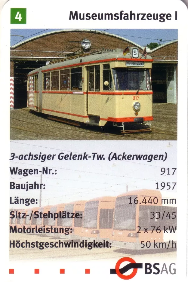 Playing card: Bremen articulated tram 917 in front of the depot Sebaldsbrück (2006)