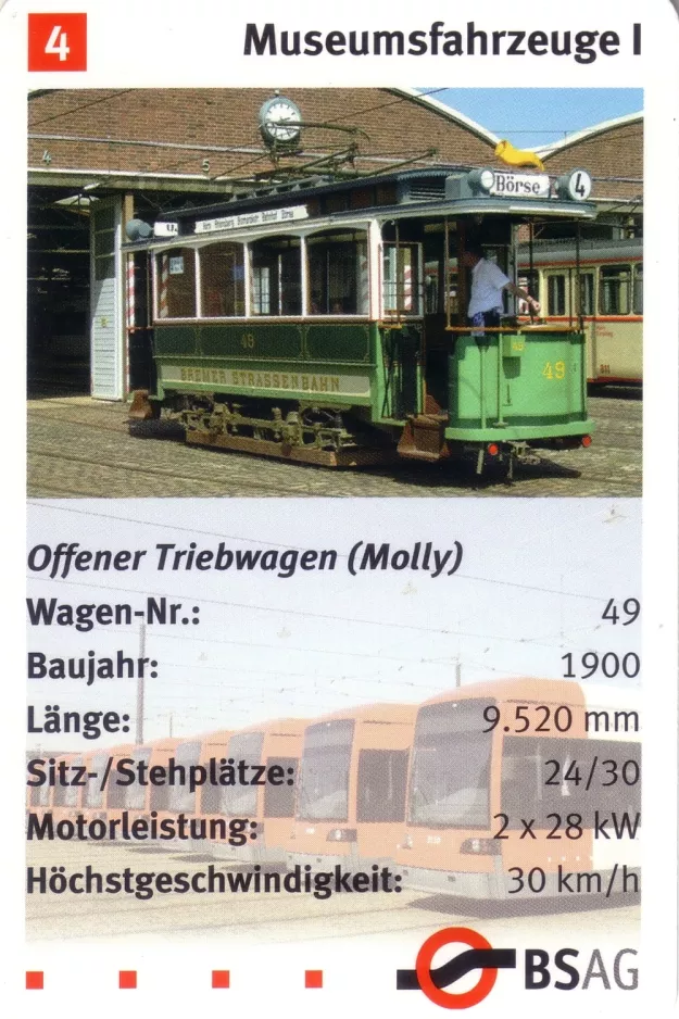 Playing card: Bremen railcar 49 "Grüne Minna" in front of the depot Sebaldsbrück (2006)