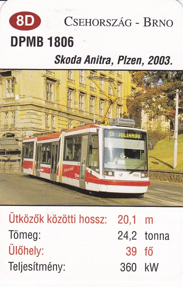 Playing card: Brno tram line 13 with low-floor articulated tram 1806 (2014)