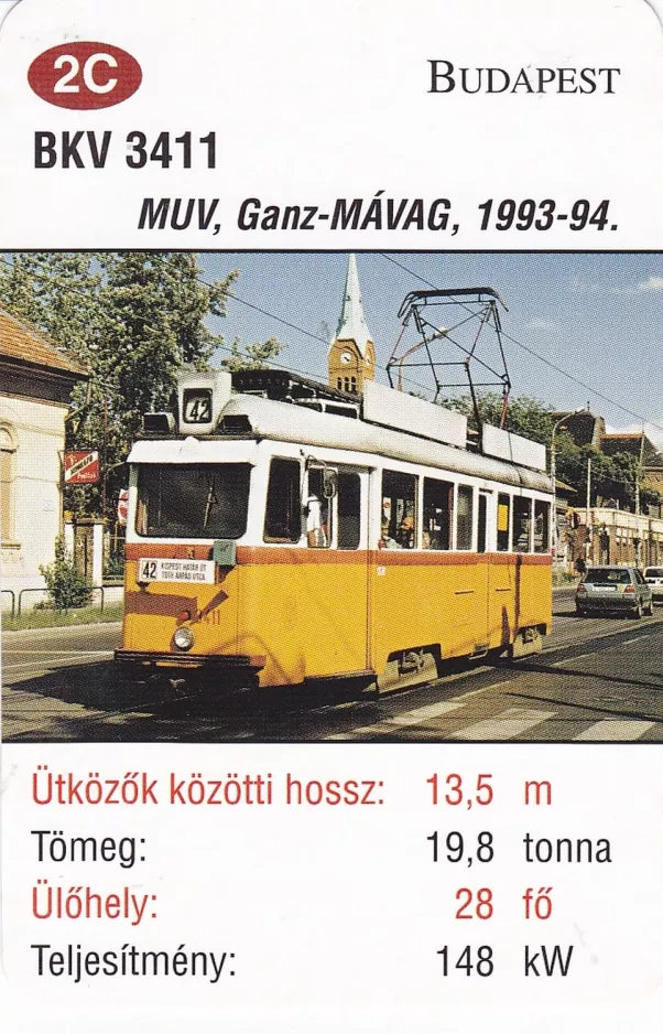 Playing card: Budapest tram line 42 with railcar 3411 on Ady Endre út (2014)