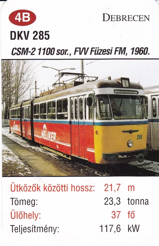 Playing card: Debrecen tram line 1 with articulated tram 286 (2014)