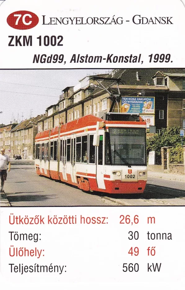 Playing card: Gdańsk tram line 2 with articulated tram 1002 (2014)