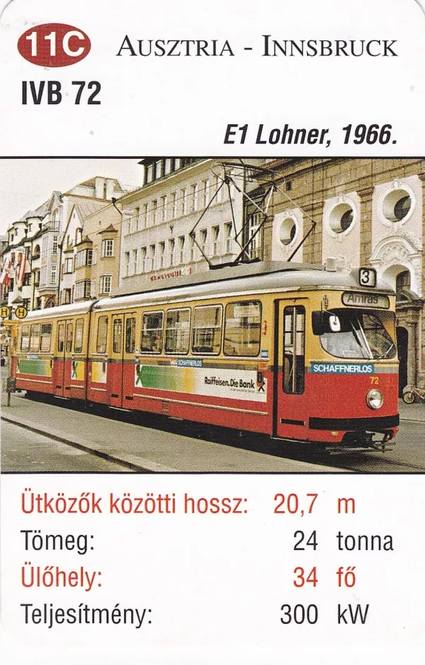 Playing card: Innsbruck tram line 3 with articulated tram 72 in Innsbruck (2014)