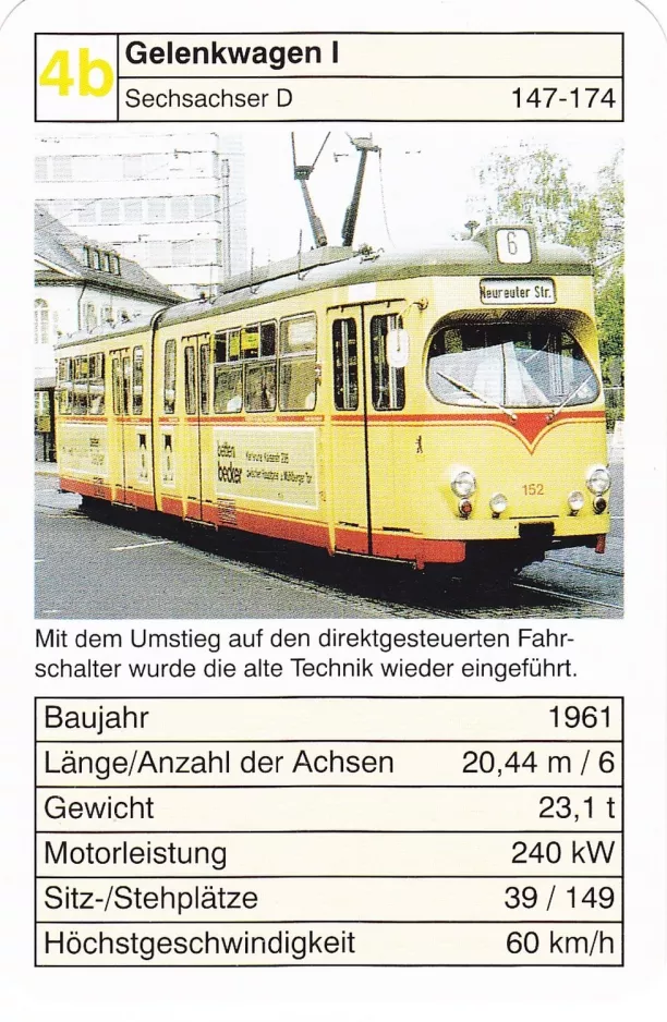 Playing card: Karlsruhe tram line 6 with articulated tram 152 Gelenkwagen I (2002)