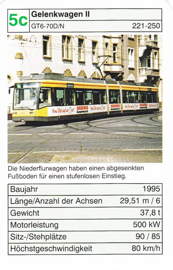 Playing card: Karlsruhe tram line 6 with low-floor articulated tram 225 close by Europaplatz (2002)