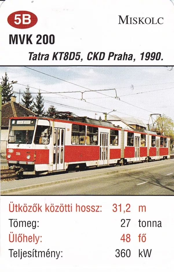 Playing card: Miskolc tram line 1V with articulated tram 200 (2014)
