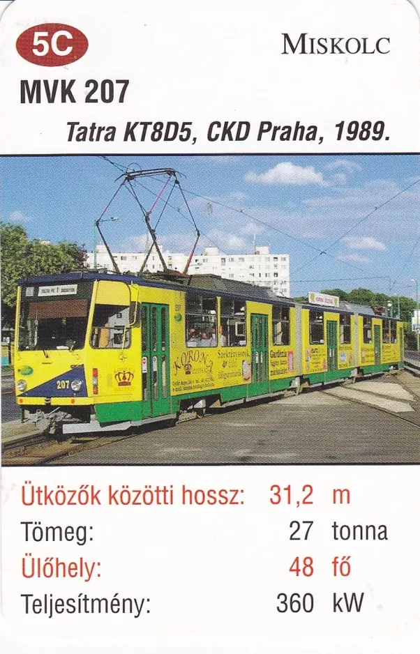 Playing card: Miskolc tram line 1V with articulated tram 207 (2014)