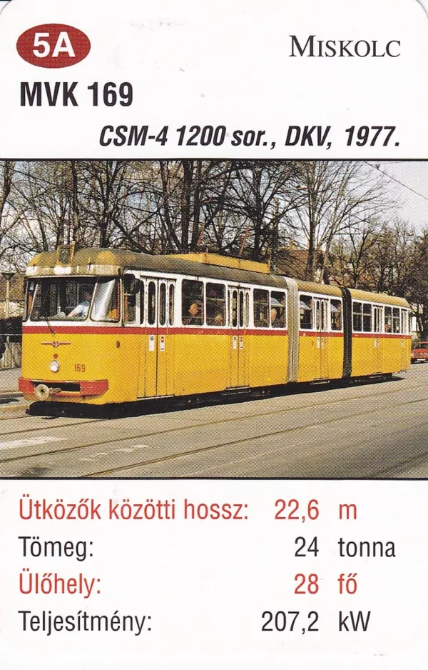 Playing card: Miskolc tram line 2V with articulated tram 169 (2014)