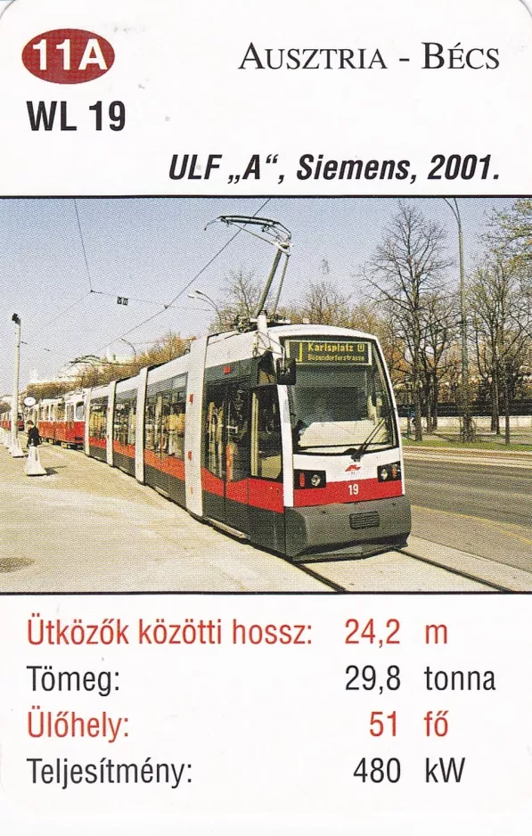Playing card: Vienna tram line J with low-floor articulated tram 19 (2014)