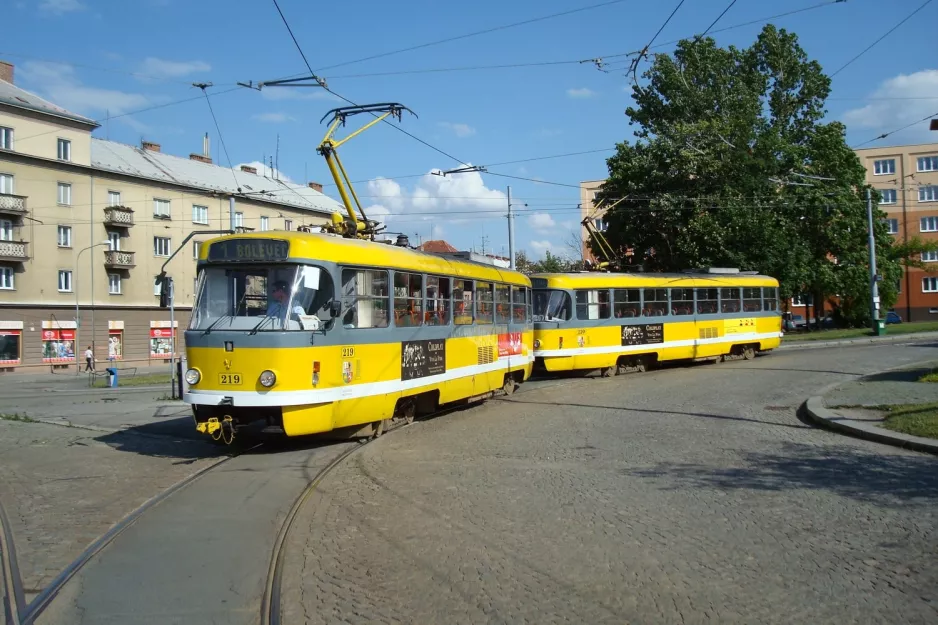 Plzeň tram line 1 with railcar 219 at Slovany (2008)