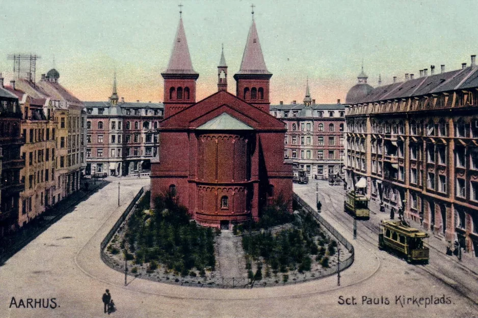 Postcard: Aarhus tram line 1 on Sct. Pauls Kirkeplads (1904)