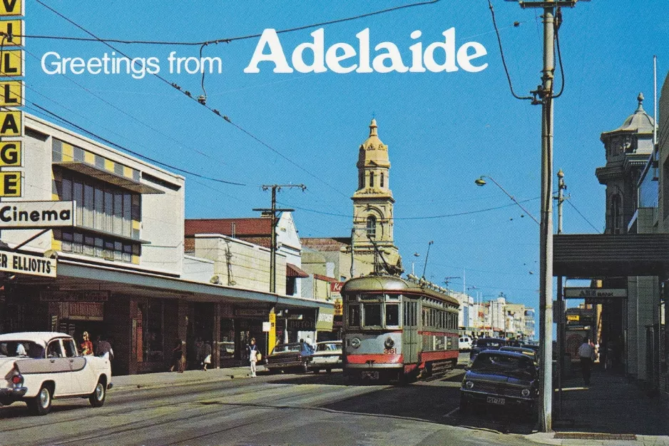 Postcard: Adelaide Glenelg Tram with railcar 361 on Jetty Road (1960)