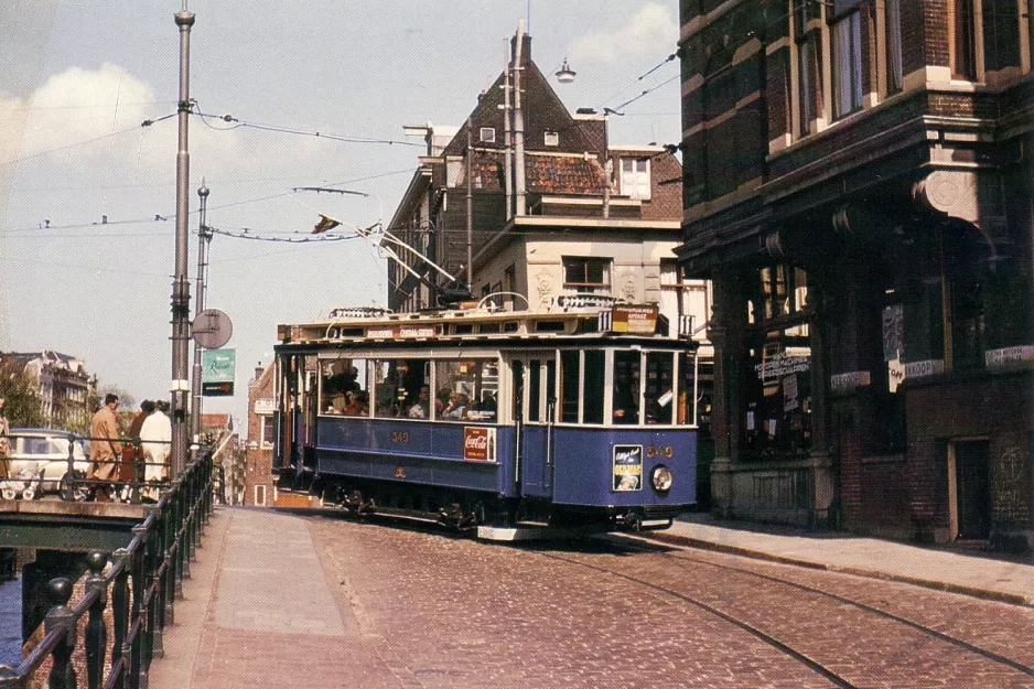Postcard: Amsterdam extra line 11 with railcar 349 on Zwanenburgwal (1955)