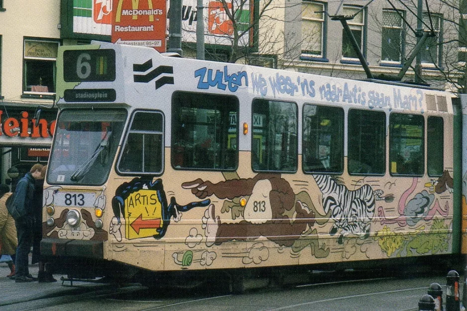 Postcard: Amsterdam extra line 6 with articulated tram 813 on Leidseplein (1984)