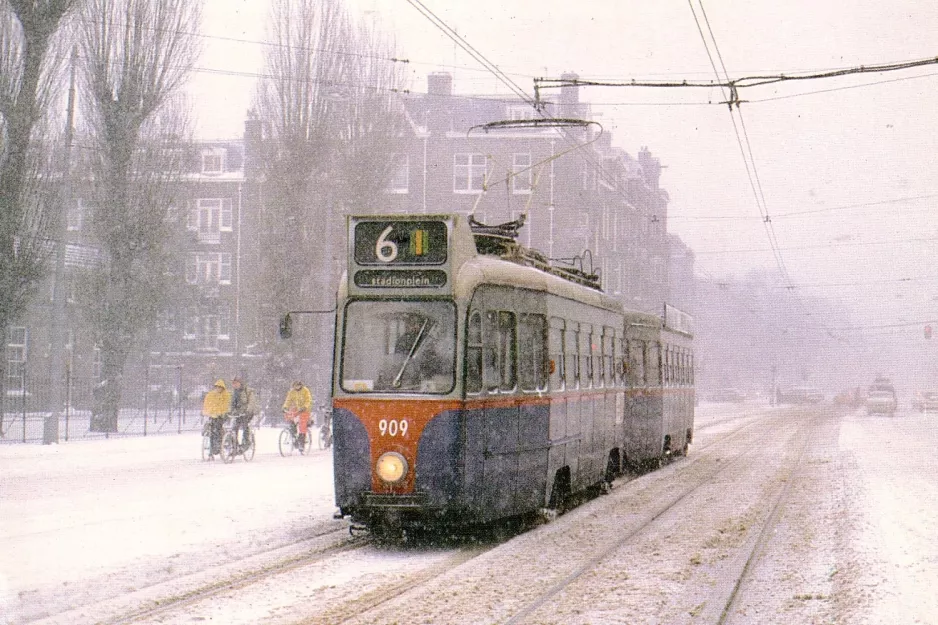 Postcard: Amsterdam extra line 6 with railcar 909 on Amstelveenseweg (1979)