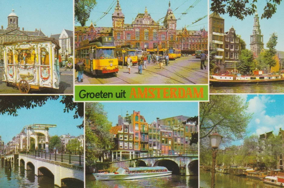 Postcard: Amsterdam tram line 1 with articulated tram 855 at Central Station (1969)