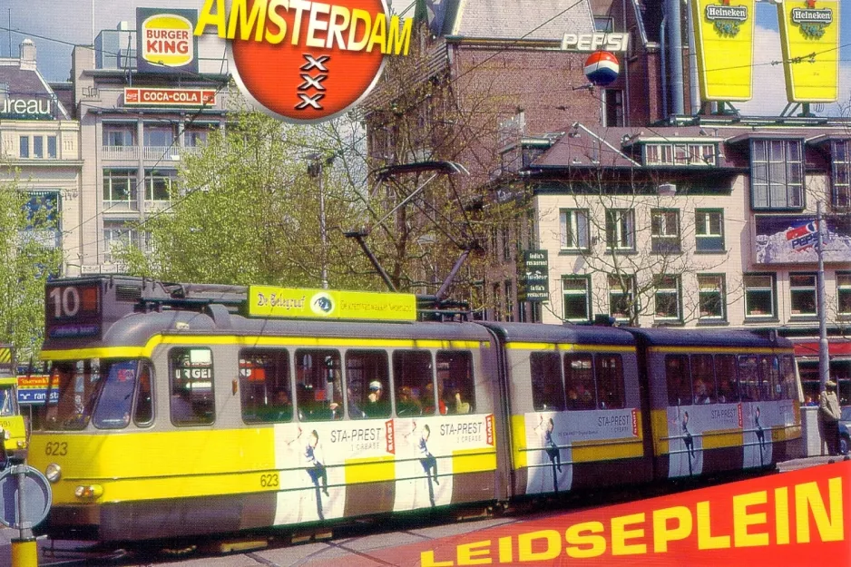 Postcard: Amsterdam tram line 10 with articulated tram 623 on Leidseplein (1986)