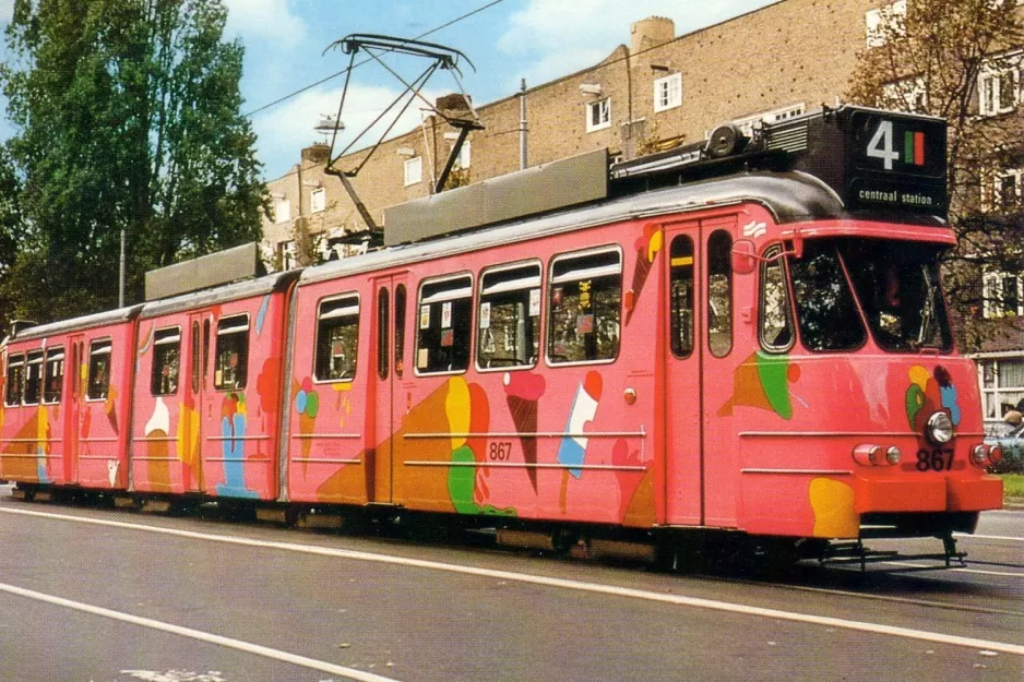 Postcard: Amsterdam tram line 4 with articulated tram 867 on Rooseveltlaan (1984)