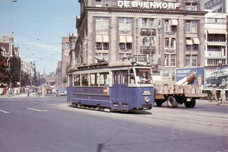 Postcard: Amsterdam tram line 9 with railcar 312 on Dam (1955)