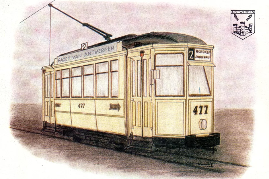 Postcard: Antwerp tram line 2 with railcar 477  (1981)
