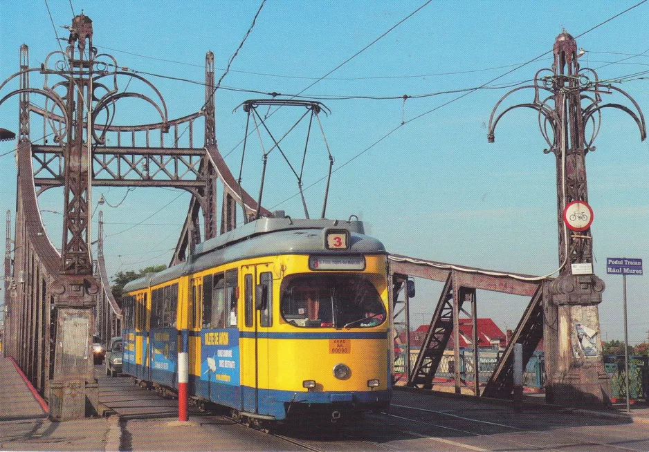 Postcard: Arad tram line 3 with articulated tram 0107 on Podul Tralian (2007)