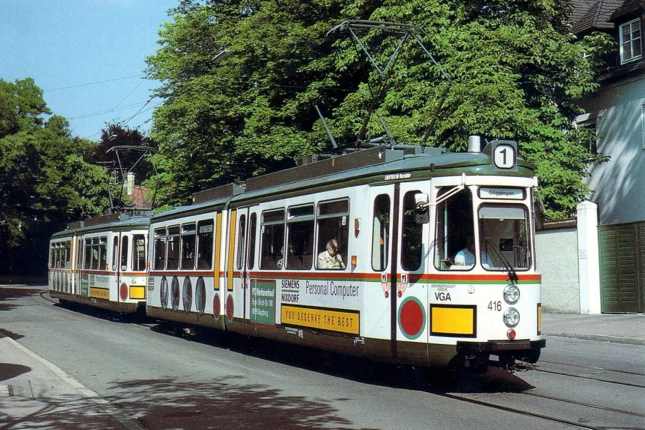 Postcard: Augsburg tram line 1 with articulated tram 416 on Klausenberg (1996)