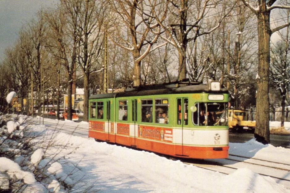 Postcard: Augsburg tram line 4 with articulated tram 519 near Klinkertor (1969)