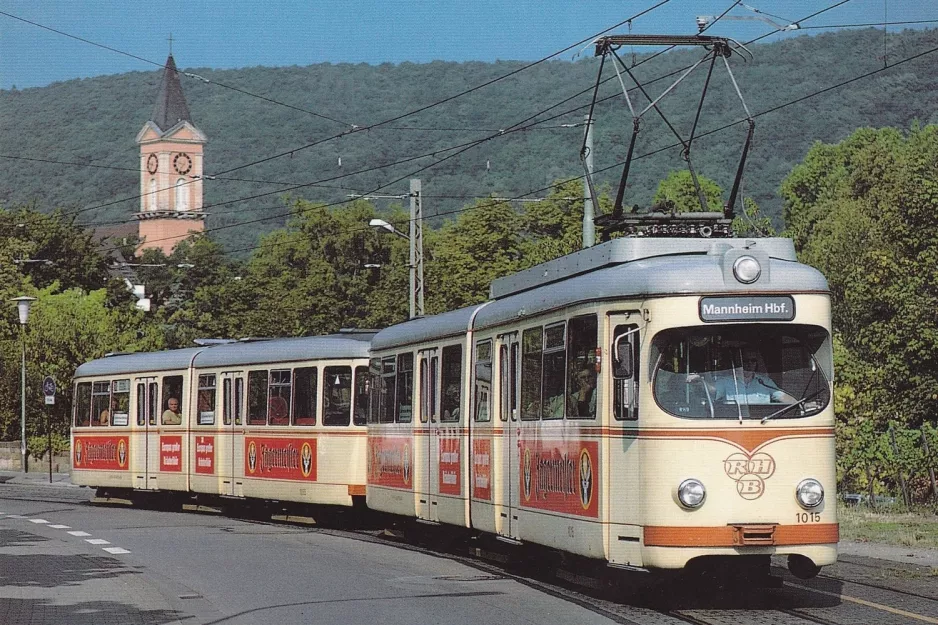 Postcard: Bad Dürkheim Rhein-Haardtbahn 4 with articulated tram 1015 near Bahnhof (1994)