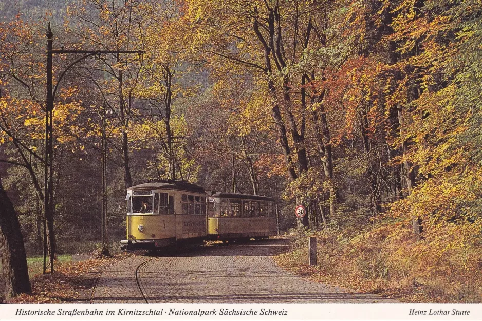 Postcard: Bad Schandau Kirnitzschtal 241 with railcar 4 near Lichtenhain Nasser Grund (1990)