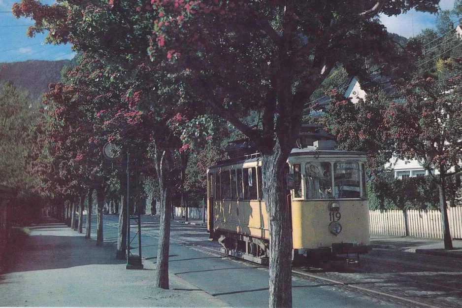 Postcard: Bergen tram line 2 with railcar 119 on Årstadveien (1956)