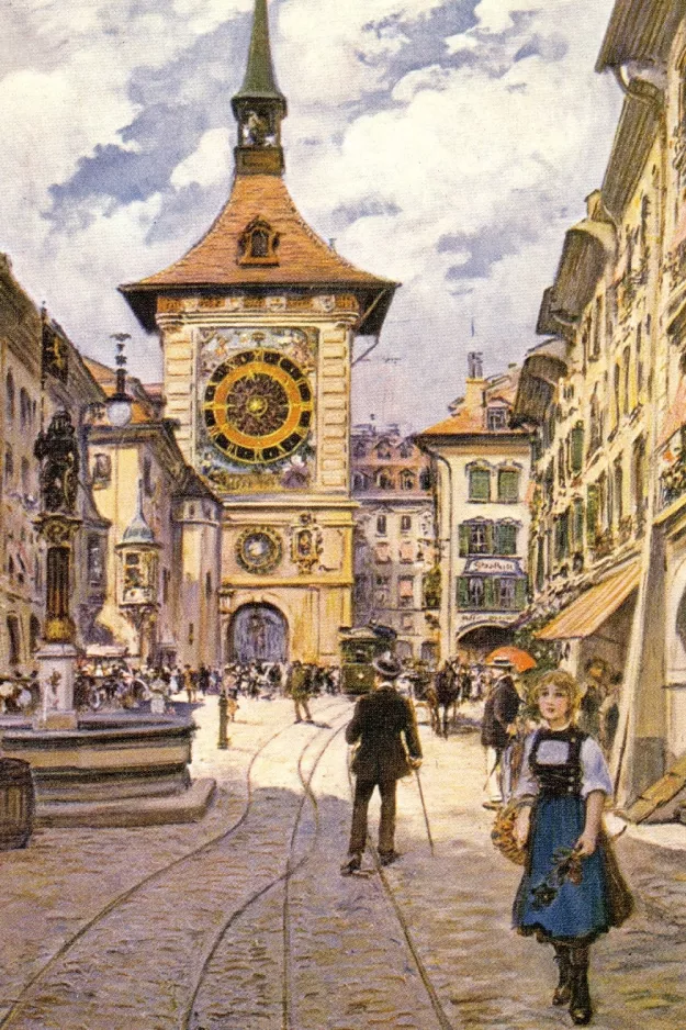 Postcard: Berne in front of Kähringerbrunnen and Zeitglockenturm (1896)