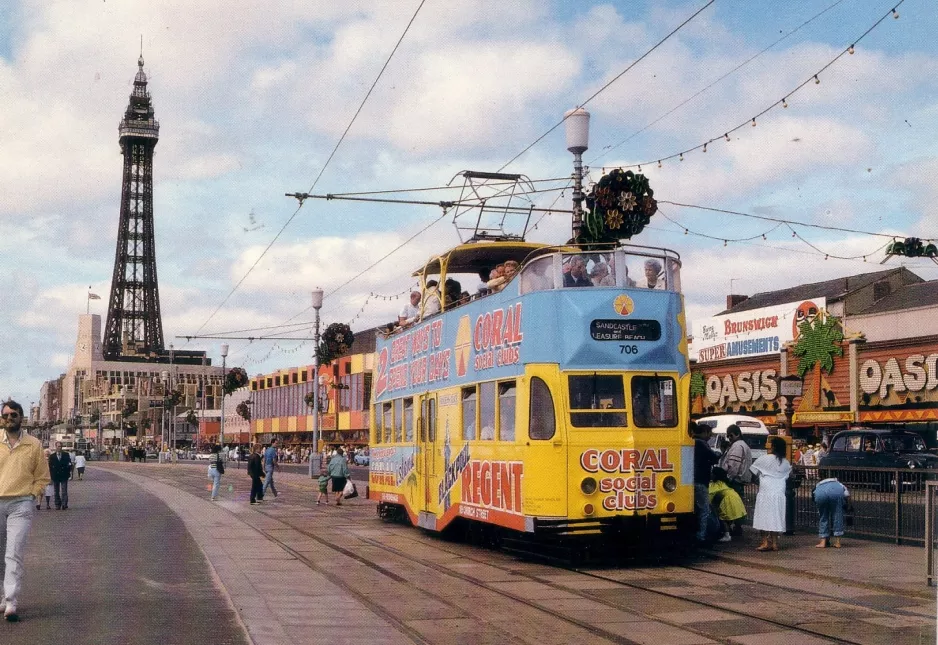 Postcard: Blackpool tram line T with museum tram 706 on Promenade (1989)