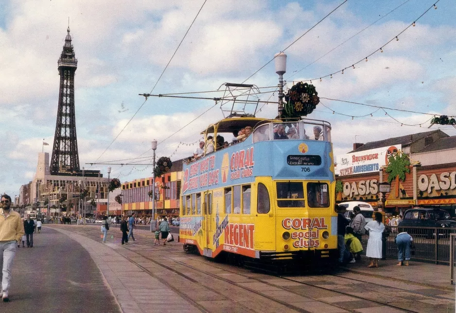 Postcard: Blackpool tram line T1 with museum tram 706 close by North Pier (1989)