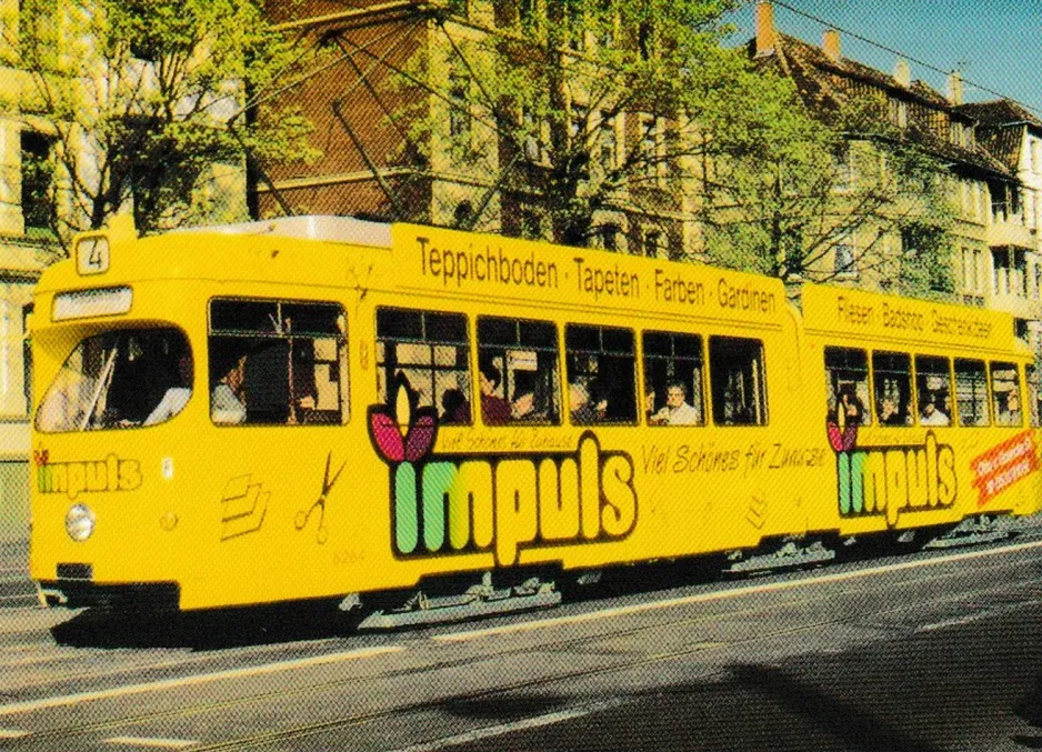 Postcard: Braunschweig tram line 4 with articulated tram 6264 at Stadthalle (1991)