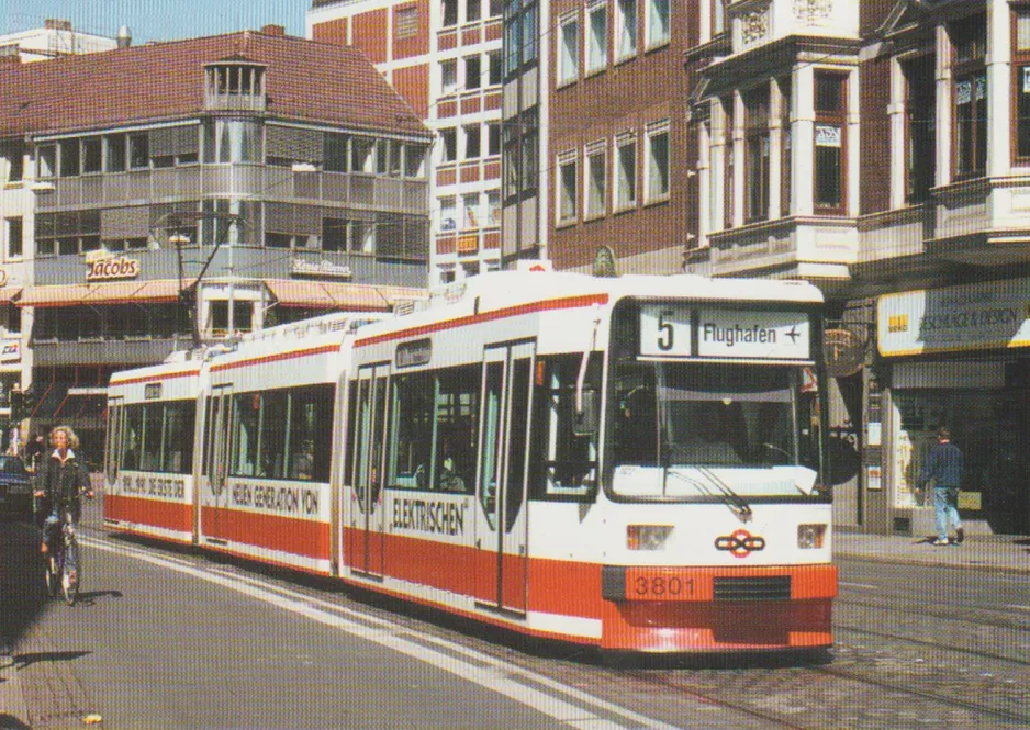 Postcard: Bremen extra line 5 with low-floor articulated tram 3801 "Bremen" on Schüsselkorb (1990)