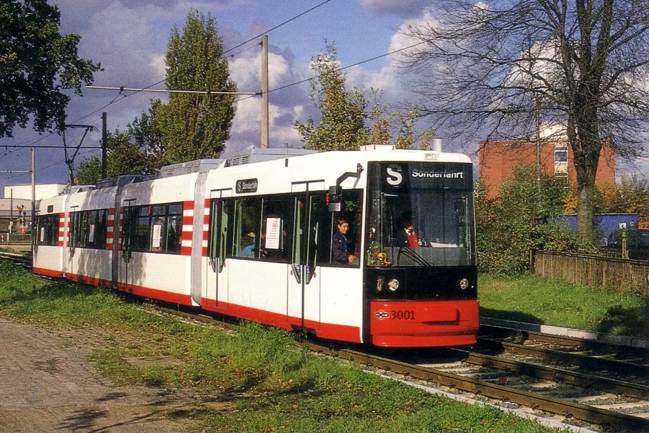Postcard: Bremen low-floor articulated tram 3001 on Wesertower (1993)