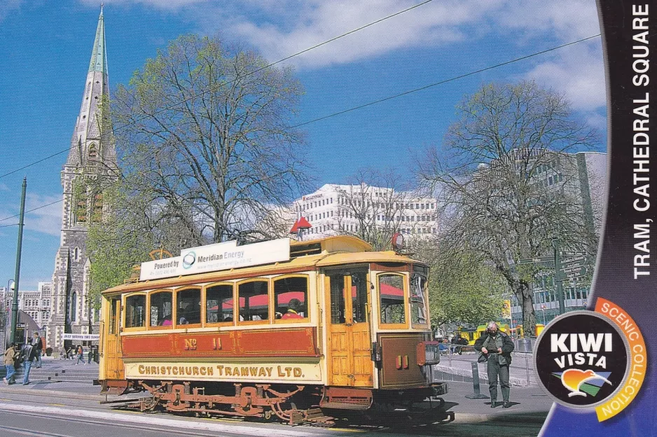 Postcard: Christchurch Tramway line with railcar 11 on Cathedral Square (2010)