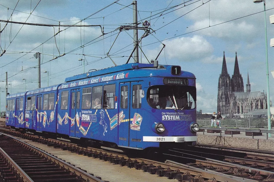 Postcard: Cologne tram line 1 with articulated tram 3821 on Deutzer Brücke (1992)