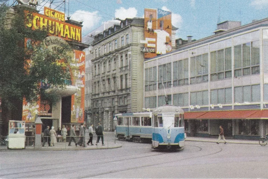 Postcard: Copenhagen tourist line T with railcar 705 on Axeltorv (1960)