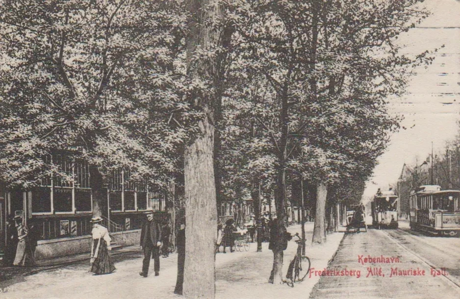 Postcard: Copenhagen tram line 1 with open sidecar 253 on Frederiksberg Allé (1902)