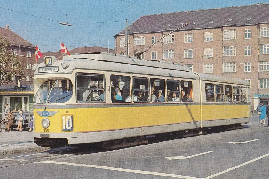 Postcard: Copenhagen tram line 10 with articulated tram 856 at Toftegårds Plads (1965)