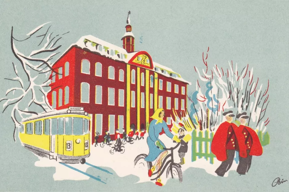 Postcard: Copenhagen tram line 13 in front of Centralpostbygningen (1948)