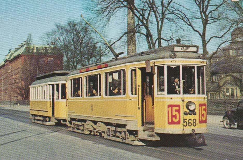 Postcard: Copenhagen tram line 15 with railcar 568 on Øster Farimagsgade (1955)