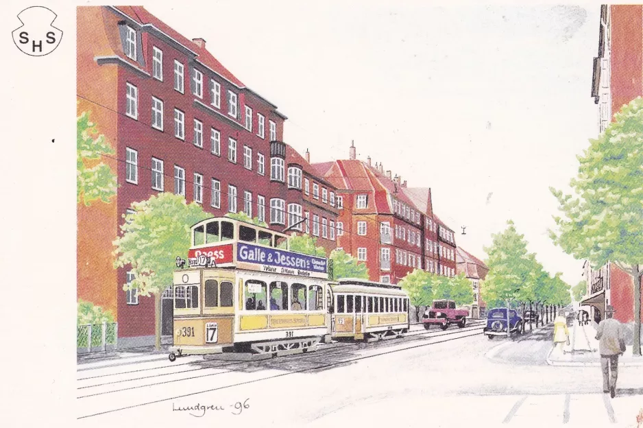 Postcard: Copenhagen tram line 17 with bilevel rail car 391 in the intersection Peter Bangs Vej/P.G.Ramms Allé (1920-1929)