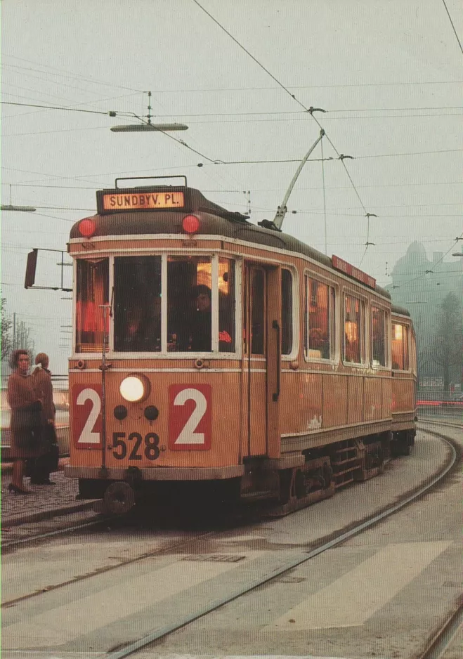 Postcard: Copenhagen tram line 2 with railcar 528 in the intersection Gyldenløvesgade/Farimagsgade (1969)