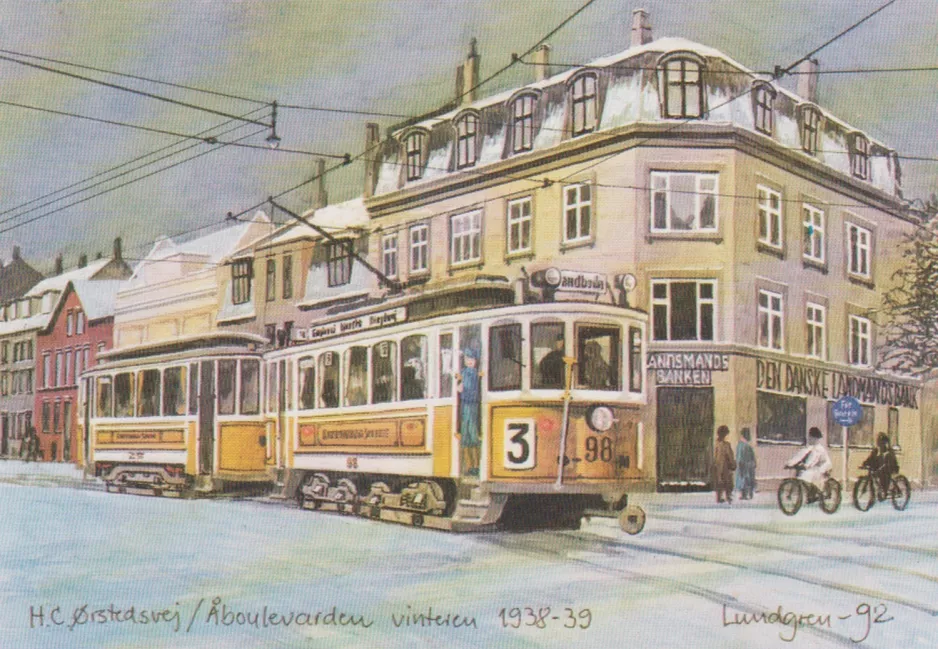 Postcard: Copenhagen tram line 3 with railcar 98 in the intersection H.C.Ørstedsvej/Åboulevarden (1938-1939)
