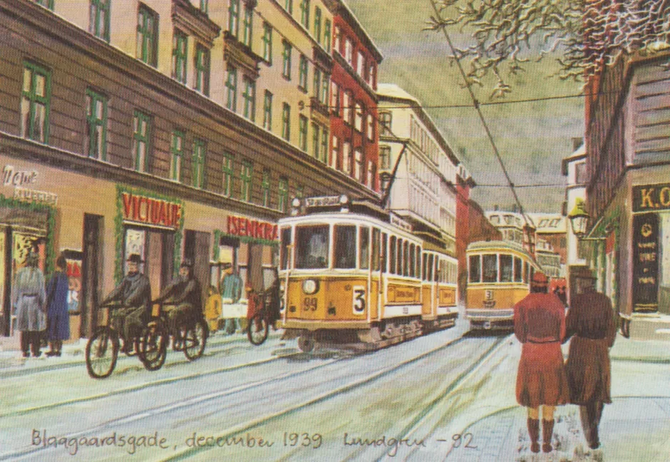 Postcard: Copenhagen tram line 3 with railcar 99 on Blågårds Plads (1939)