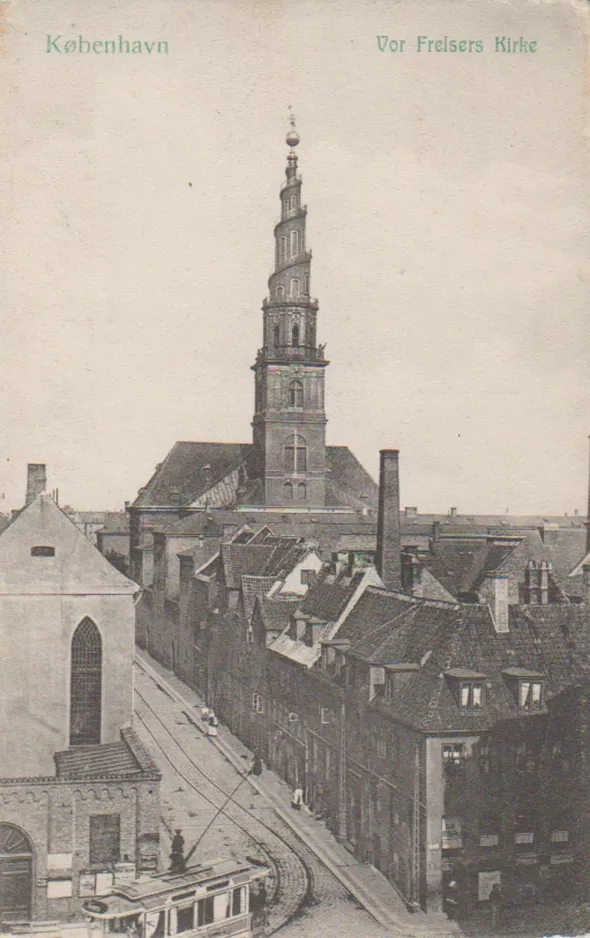 Postcard: Copenhagen tram line 5 near Vor Frelsers Kirke (1909)