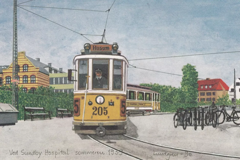 Postcard: Copenhagen tram line 5 with railcar 205 at Sundby Hospital (1939)